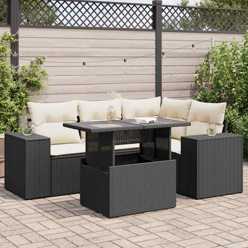 vidaXL 5-tlg. Garten-Sofagarnitur mit Kissen Schwarz Poly Rattan