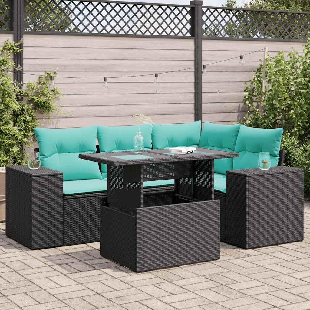 vidaXL 5-tlg. Garten-Sofagarnitur mit Kissen Schwarz Poly Rattan