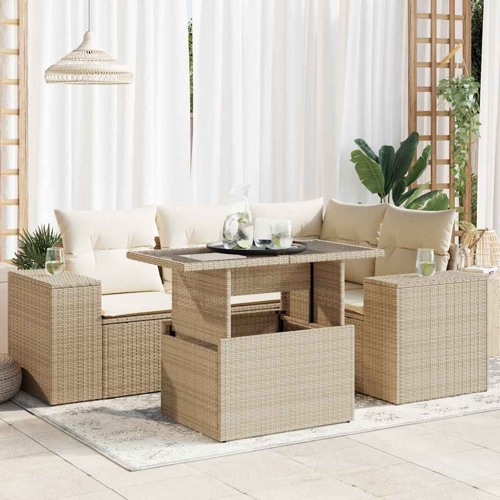 vidaXL 5-tlg. Garten-Sofagarnitur mit Kissen Beige Poly Rattan