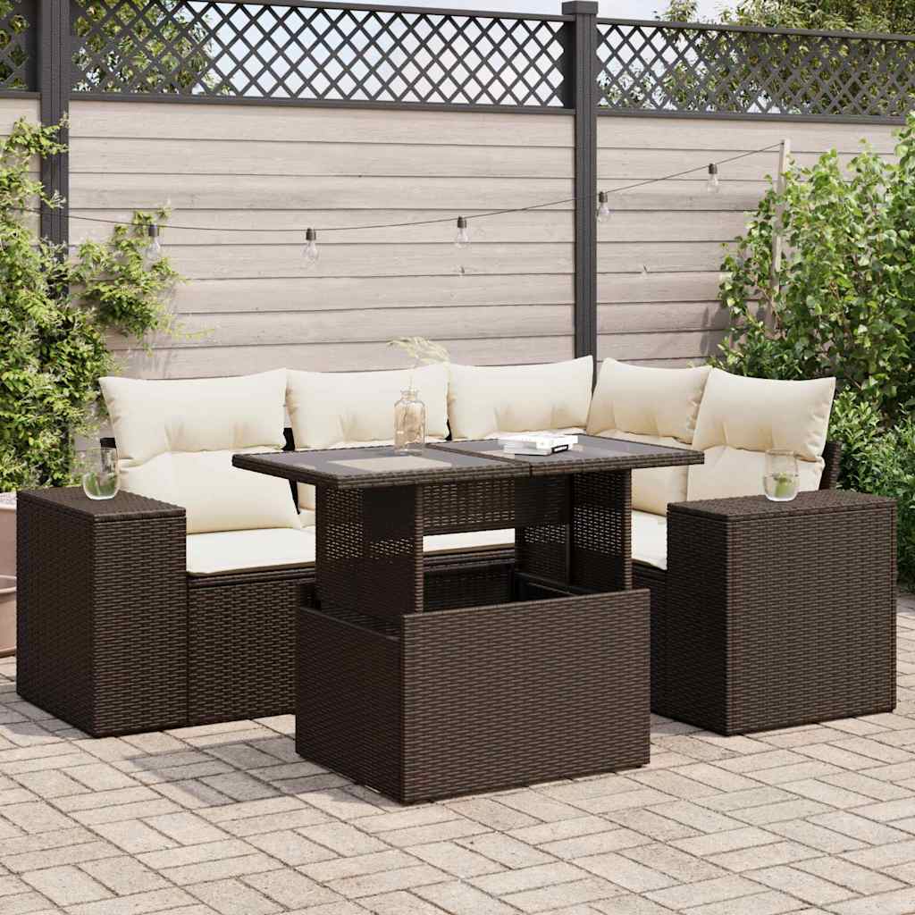 5-tlg. Garten-Sofagarnitur mit Kissen Braun Poly Rattan