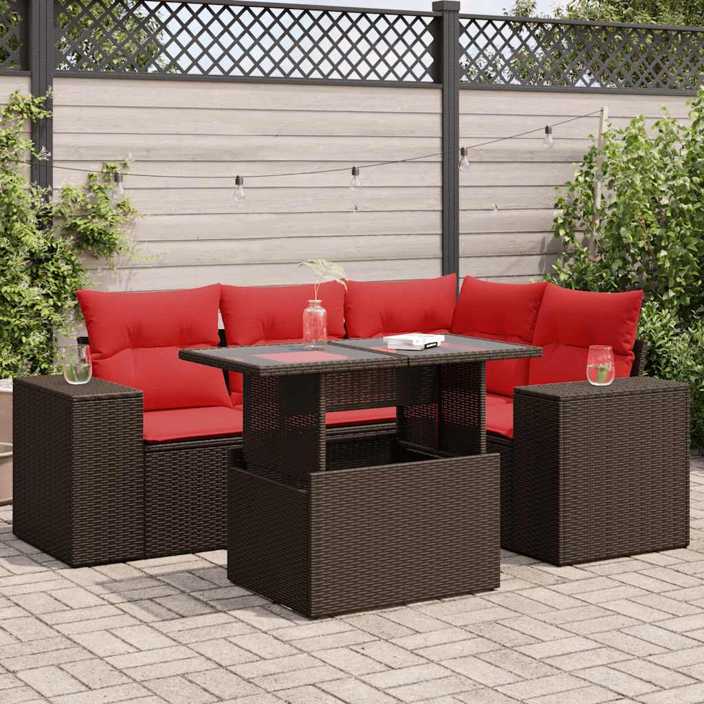 vidaXL 5-tlg. Garten-Sofagarnitur mit Kissen Braun Poly Rattan Akazie