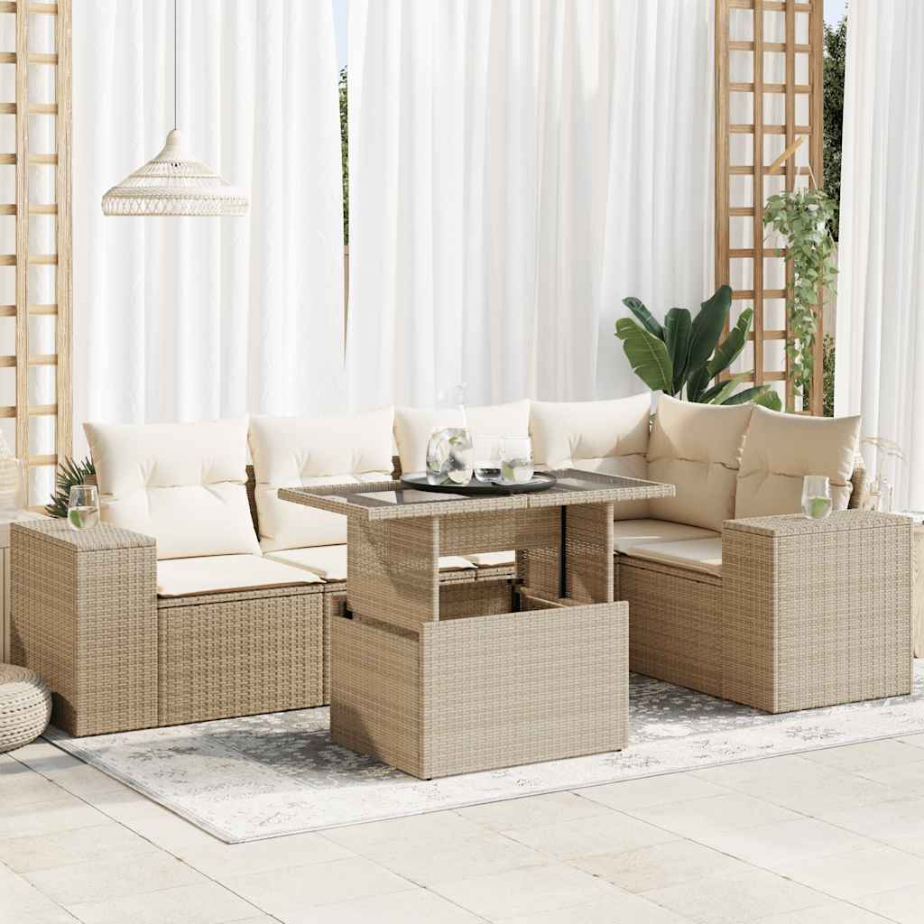 vidaXL 6-tlg. Garten-Sofagarnitur mit Kissen Beige Poly Rattan