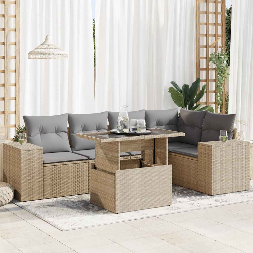 vidaXL 6-tlg. Garten-Sofagarnitur mit Kissen Beige Poly Rattan