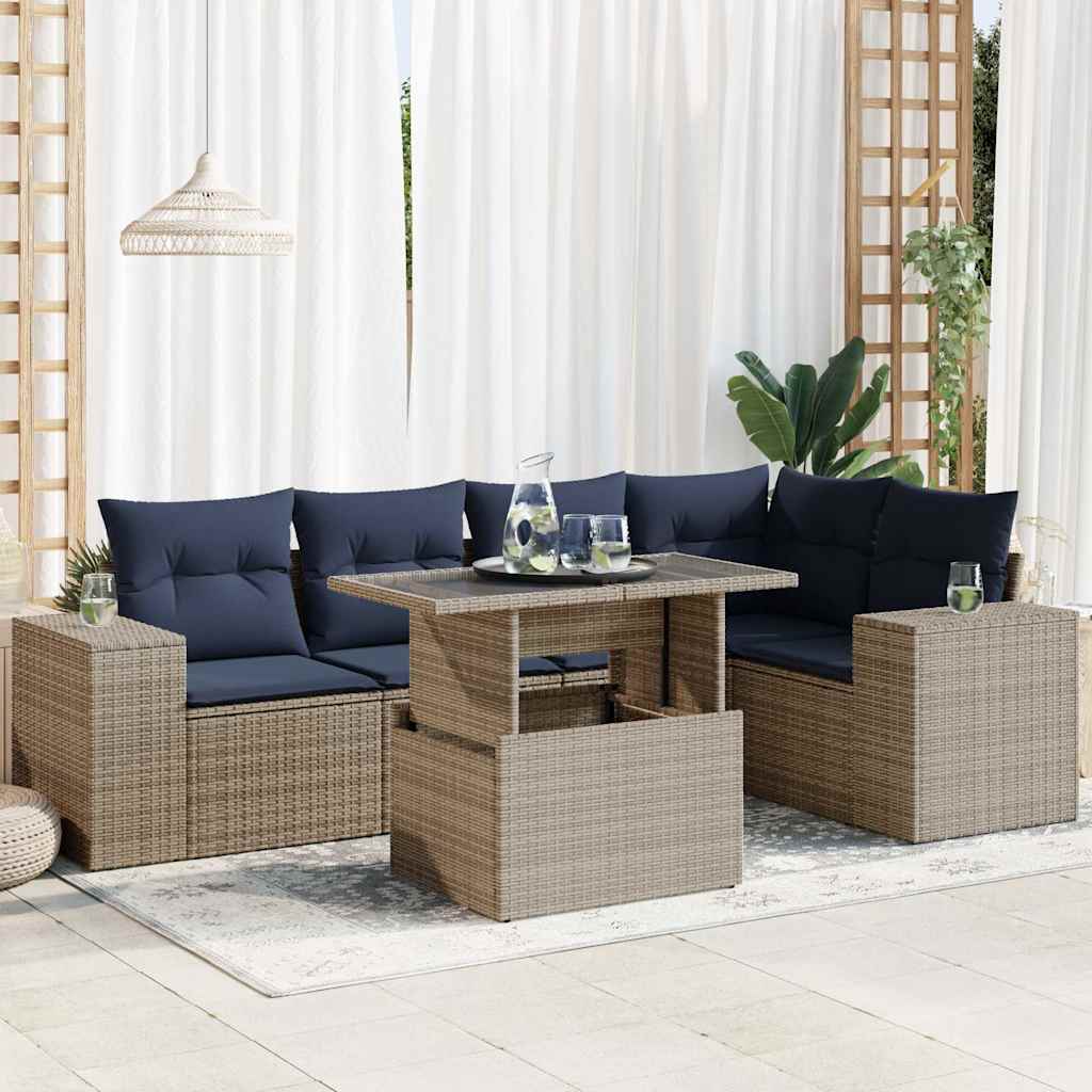 6 Piece Garden Sofa Set with Cushions Black Poly Rattan Acacia