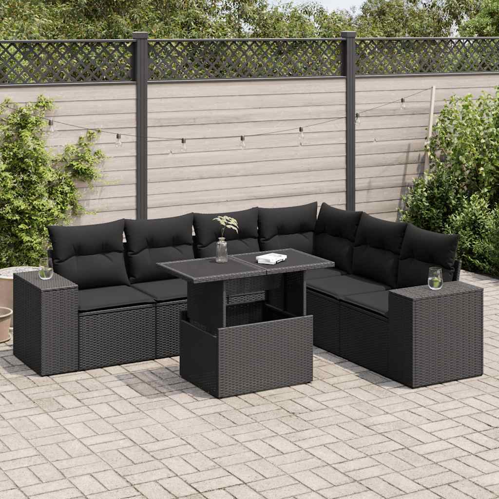 vidaXL 7-tlg. Garten-Sofagarnitur mit Kissen Schwarz Poly Rattan