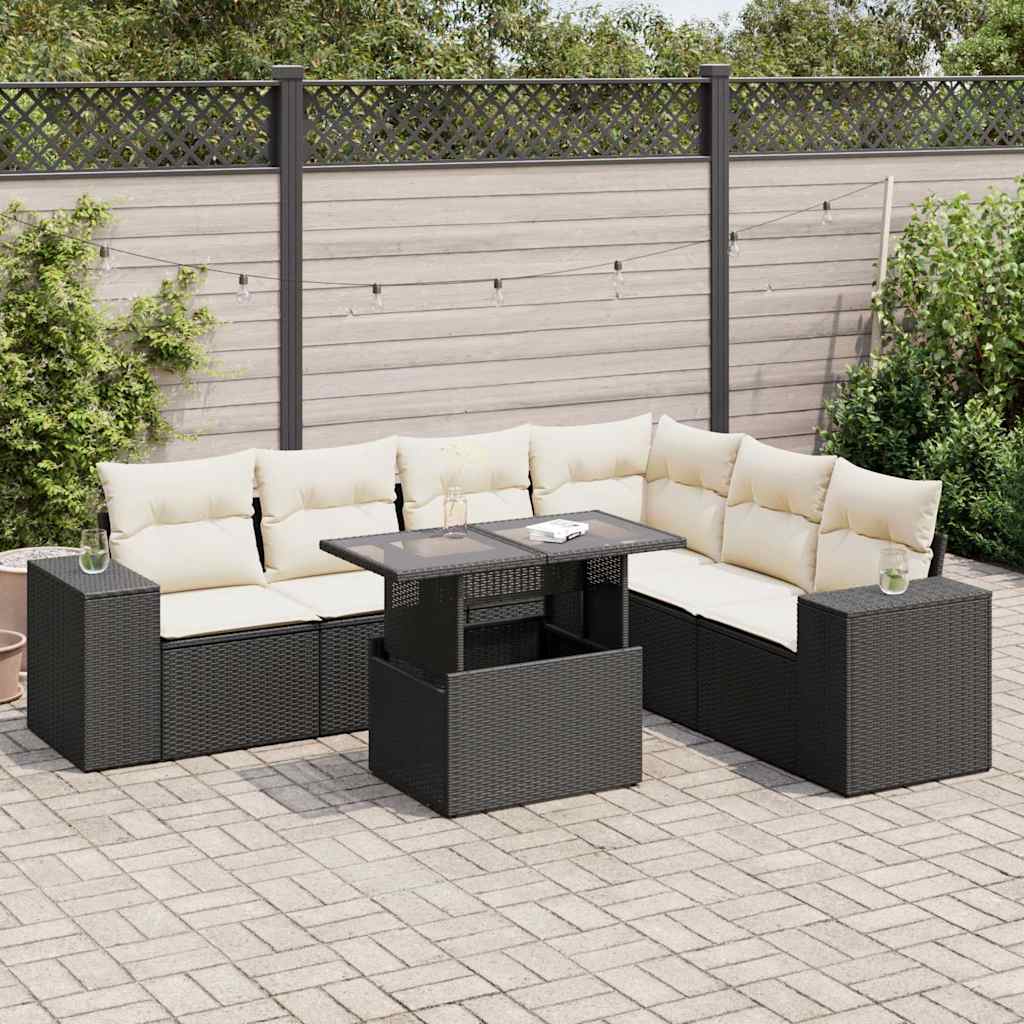 vidaXL 7-tlg. Garten-Sofagarnitur mit Kissen Schwarz Poly Rattan