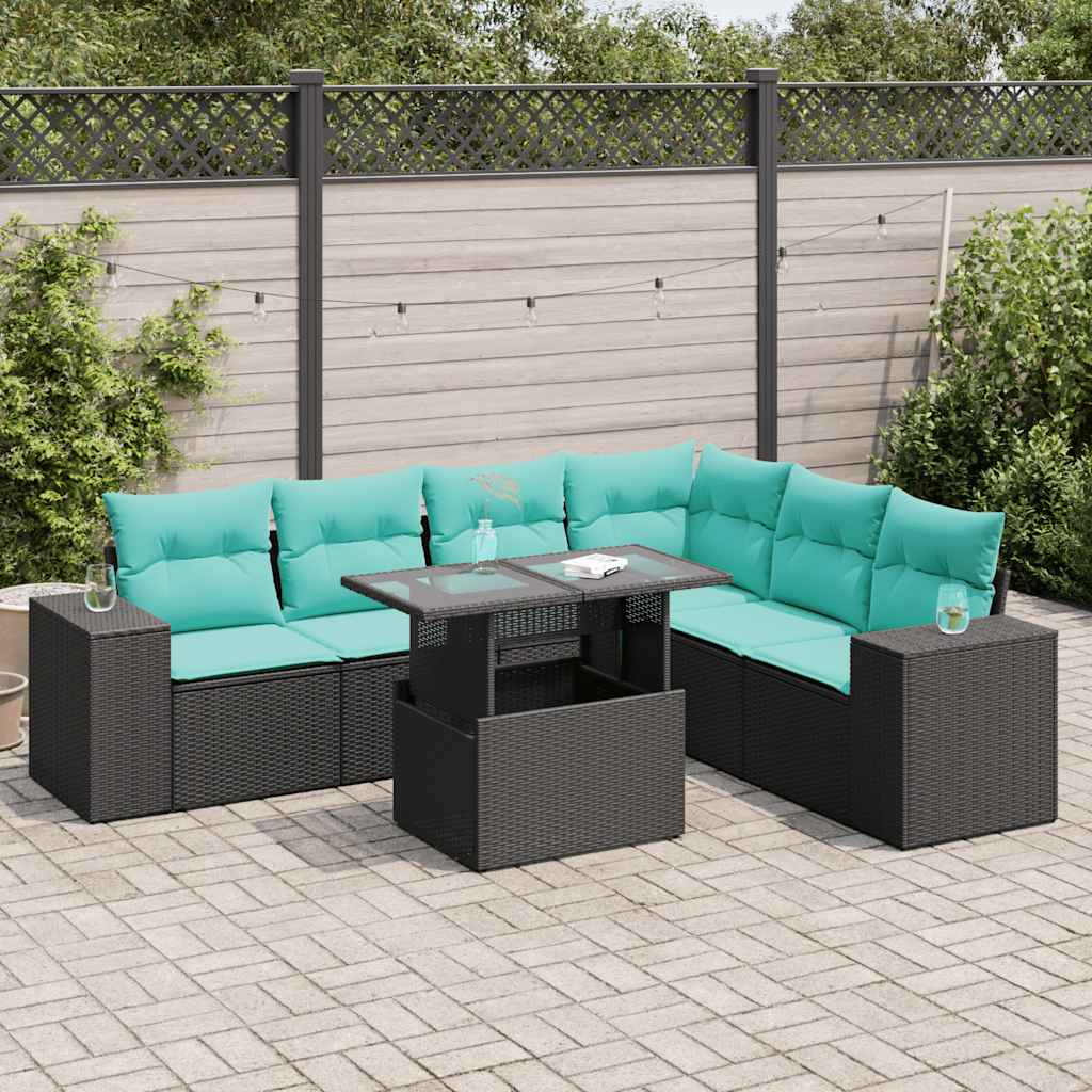 vidaXL 7-tlg. Garten-Sofagarnitur mit Kissen Schwarz Poly Rattan