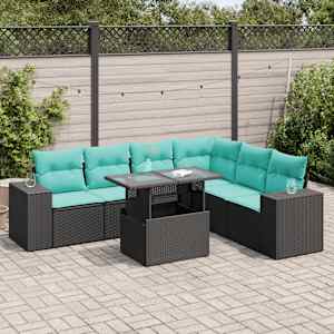 Vrtna sedežna garnitura z blazinami 7-delna črn ratan/akacija