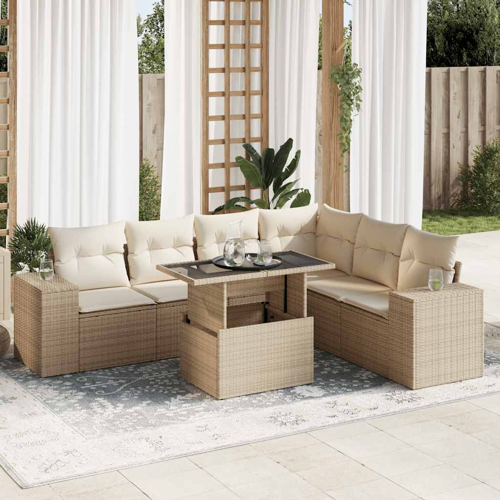 vidaXL 7-tlg. Garten-Sofagarnitur mit Kissen Beige Poly Rattan