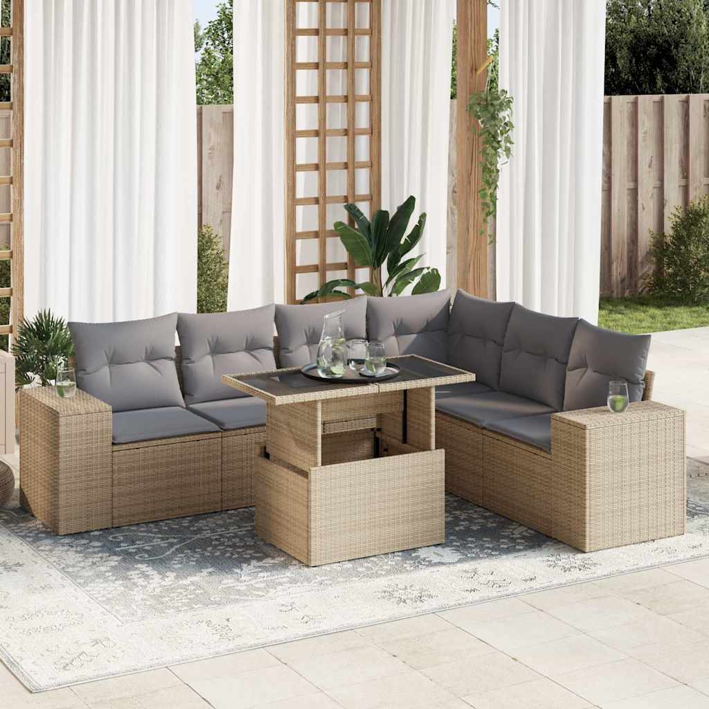 vidaXL 7-tlg. Garten-Sofagarnitur mit Kissen Beige Poly Rattan