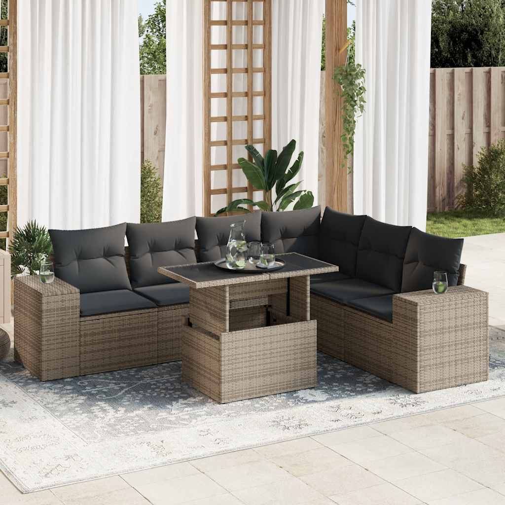 vidaXL Set canapele de grădină, 7 piese, cu perne, gri, poliratan