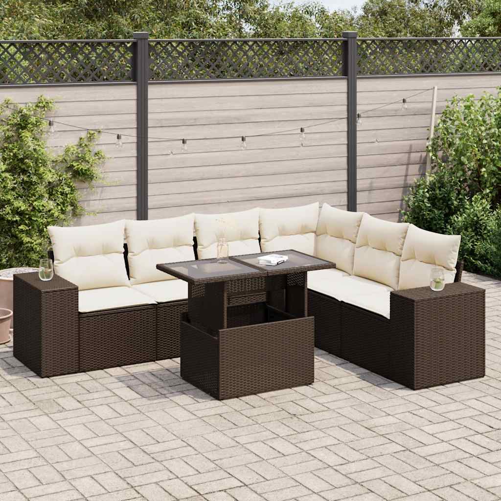 7-tlg. Garten-Sofagarnitur mit Kissen Braun Poly Rattan