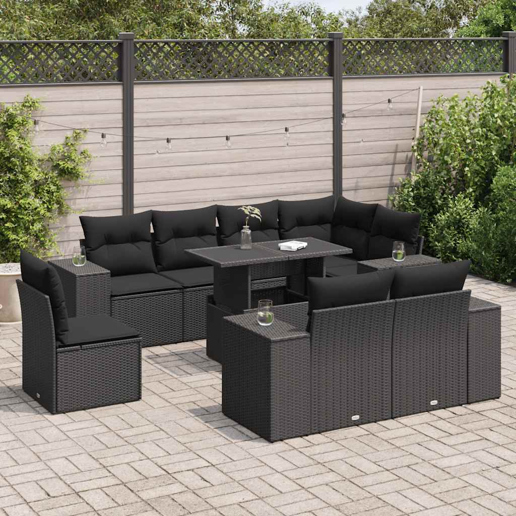 vidaXL Set mobilier de grădină cu perne, 9 piese, negru, poliratan