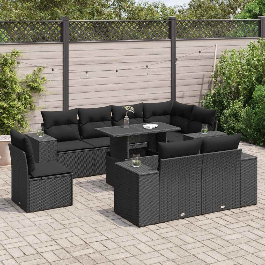 vidaXL Set mobilier de grădină cu perne, 9 piese, negru, poliratan