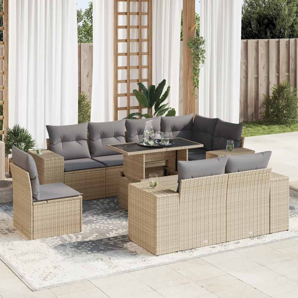 vidaXL 9-tlg. Garten-Sofagarnitur mit Kissen Beige Poly Rattan