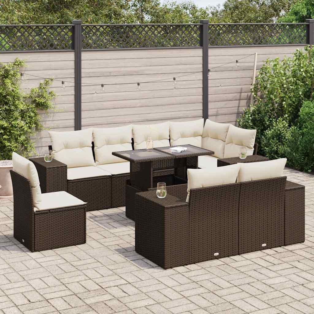 9-tlg. Garten-Sofagarnitur mit Kissen Braun Poly Rattan