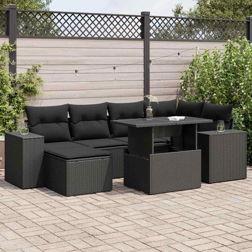 vidaXL 7-tlg. Garten-Sofagarnitur mit Kissen Schwarz Poly Rattan