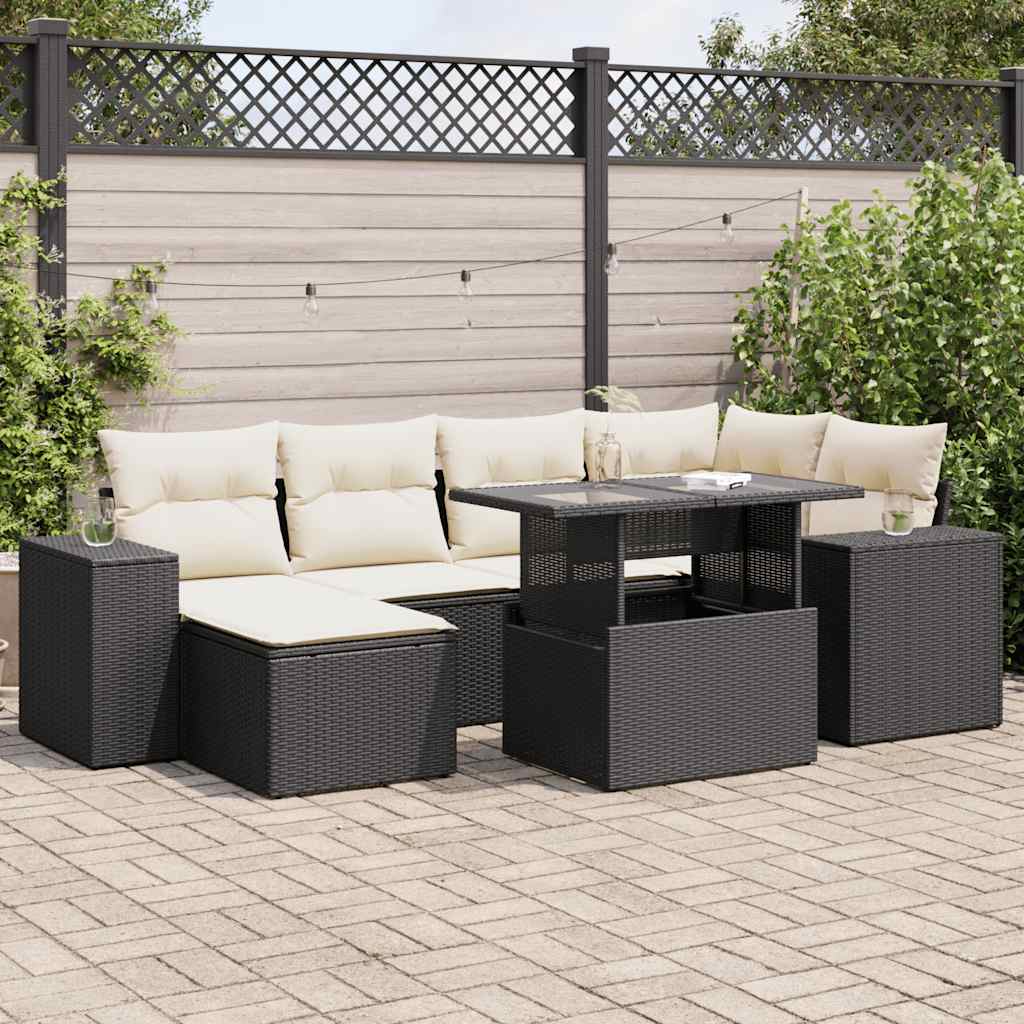 7-tlg. Garten-Sofagarnitur mit Kissen Schwarz Poly Rattan