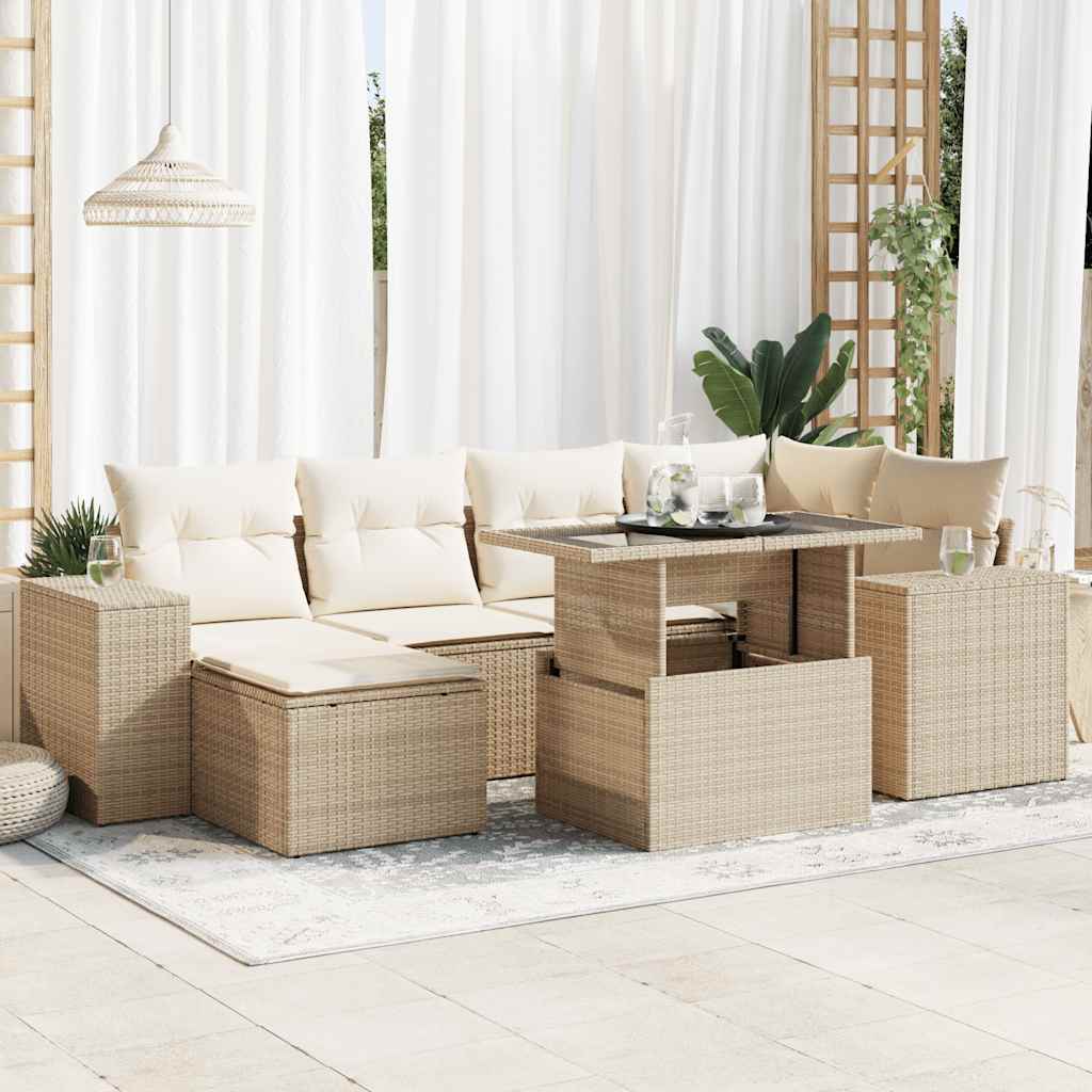 vidaXL 7-tlg. Garten-Sofagarnitur mit Kissen Beige Poly Rattan