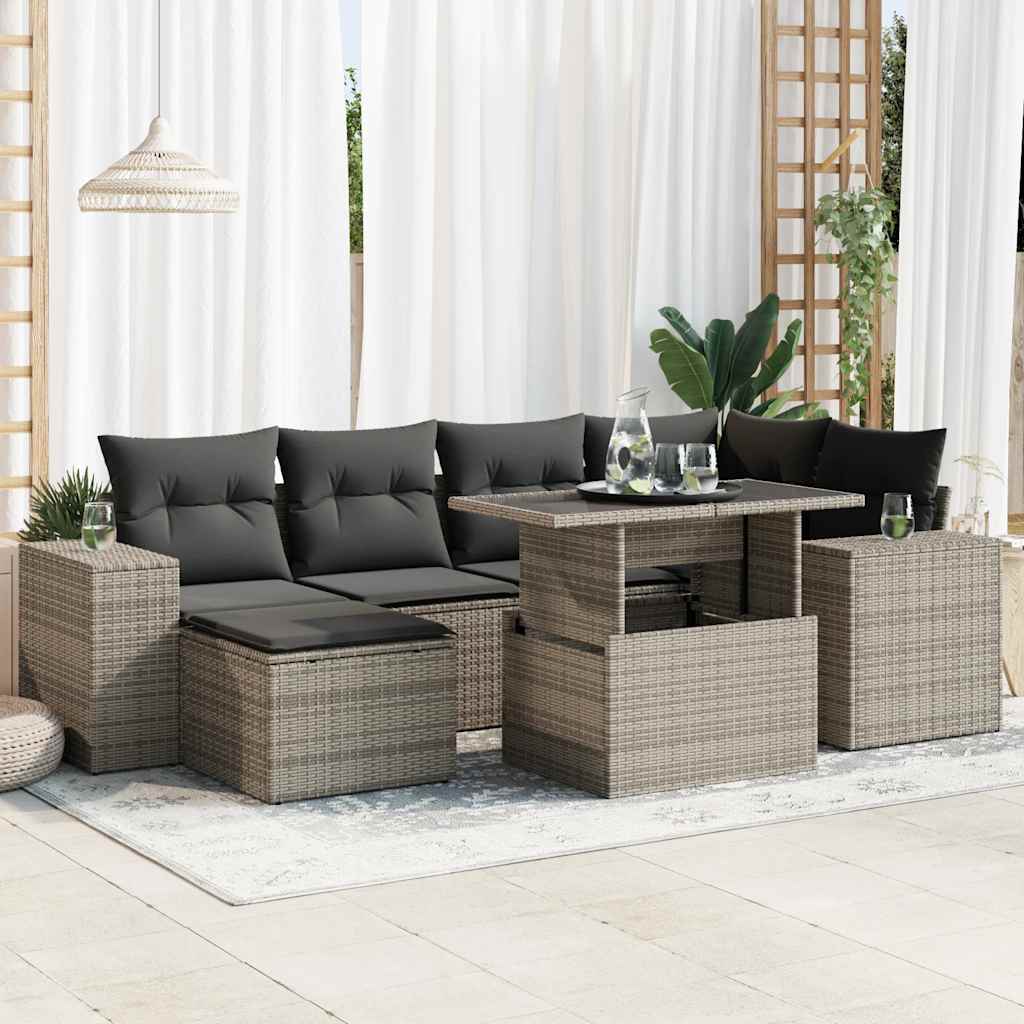 vidaXL 7-tlg. Garten-Sofagarnitur mit Kissen Grau Poly Rattan