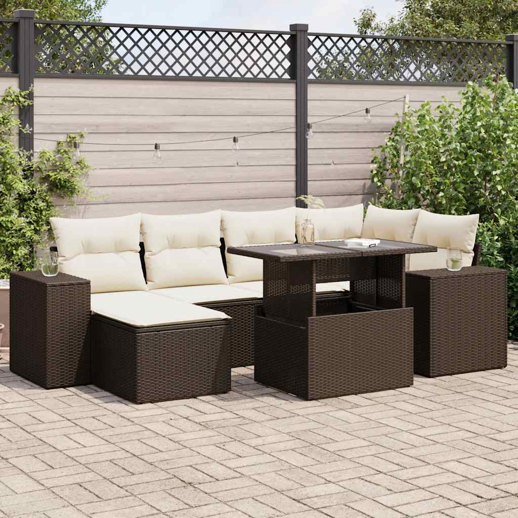 7-tlg. Garten-Sofagarnitur mit Kissen Braun Poly Rattan