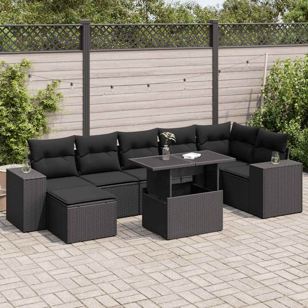 vidaXL 8-tlg. Garten-Sofagarnitur mit Kissen Schwarz Poly Rattan