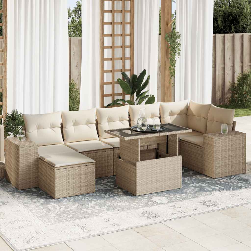 vidaXL 8-tlg. Garten-Sofagarnitur mit Kissen Beige Poly Rattan