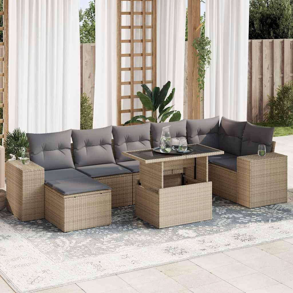 vidaXL 8-tlg. Garten-Sofagarnitur mit Kissen Beige Poly Rattan