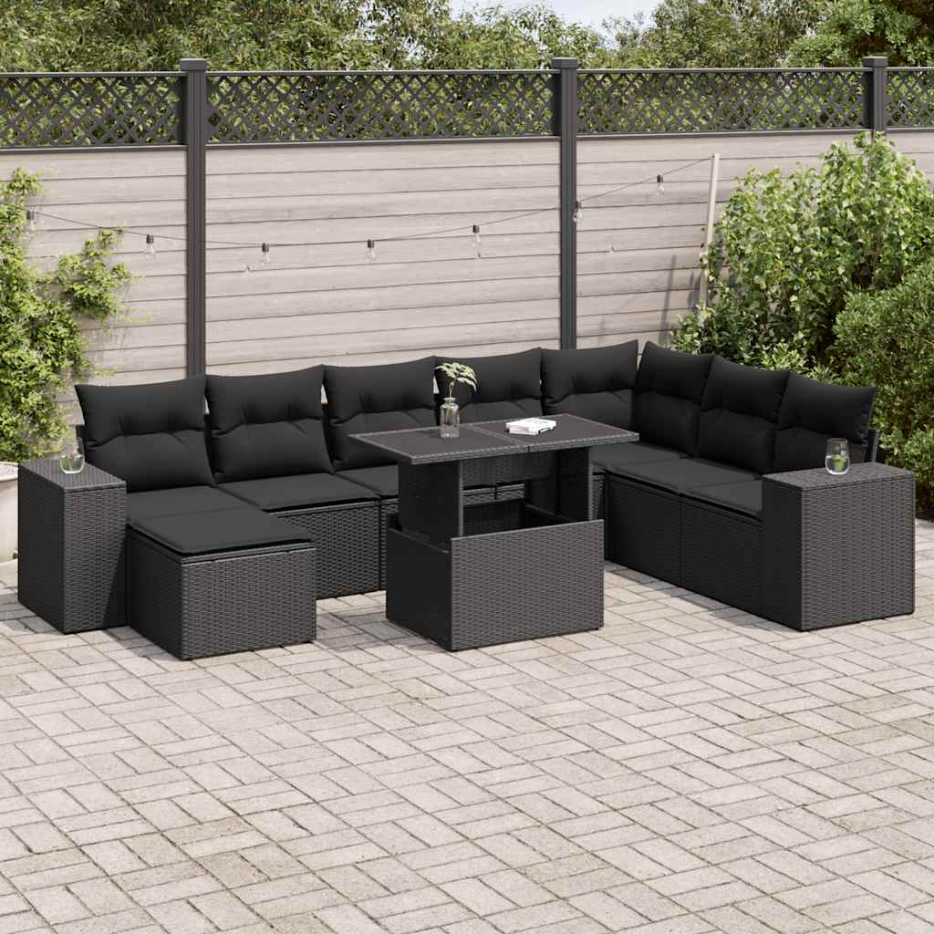 vidaXL 9-tlg. Garten-Sofagarnitur mit Kissen Schwarz Poly Rattan