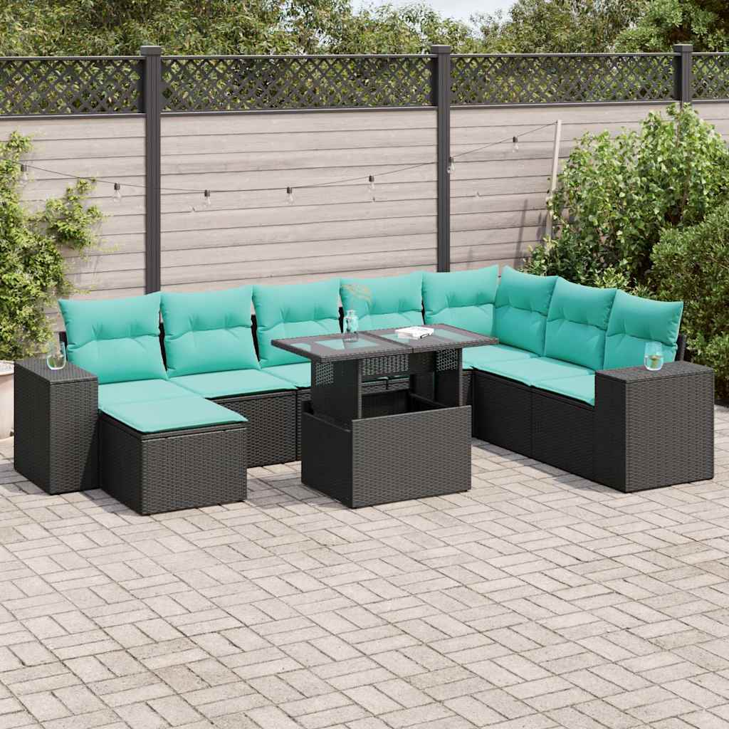 vidaXL 9-tlg. Garten-Sofagarnitur mit Kissen Schwarz Poly Rattan