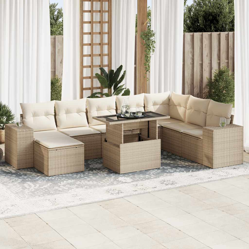 vidaXL Set canapele de grădină, 9 piese, cu perne, bej, poliratan