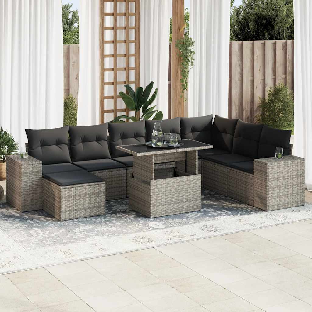 vidaXL Set canapele de grădină, 9 piese, cu perne, gri, poliratan