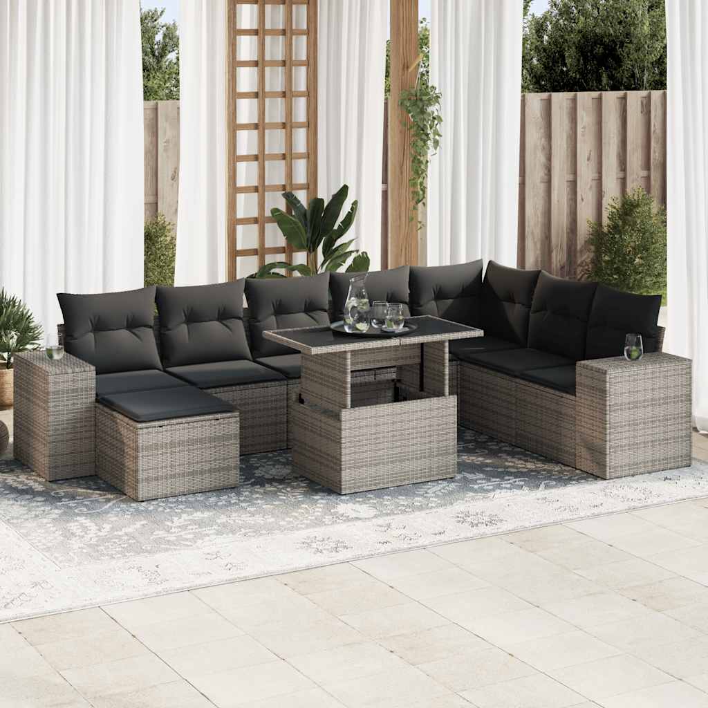 vidaXL Set canapele de grădină, 9 piese, cu perne, gri, poliratan
