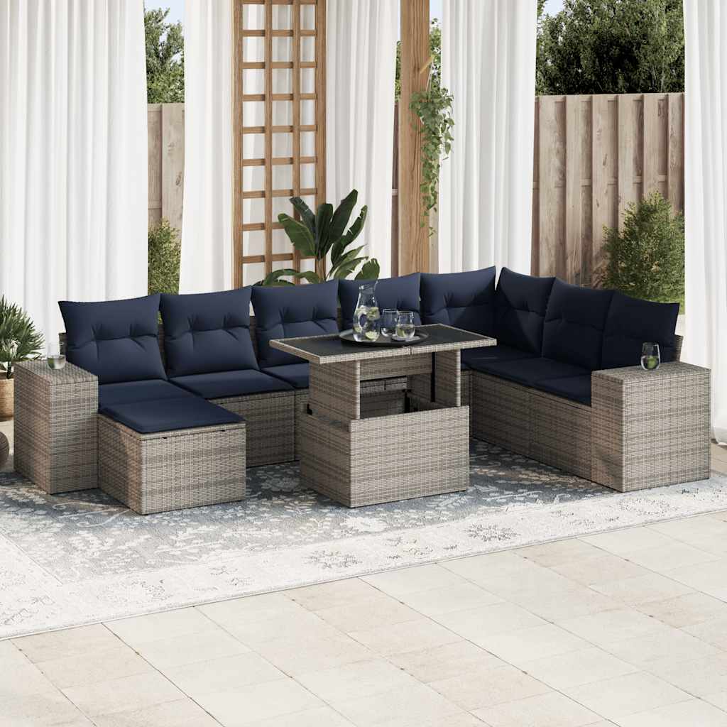 vidaXL 9-tlg. Garten-Sofagarnitur mit Kissen Grau Poly Rattan Akazie