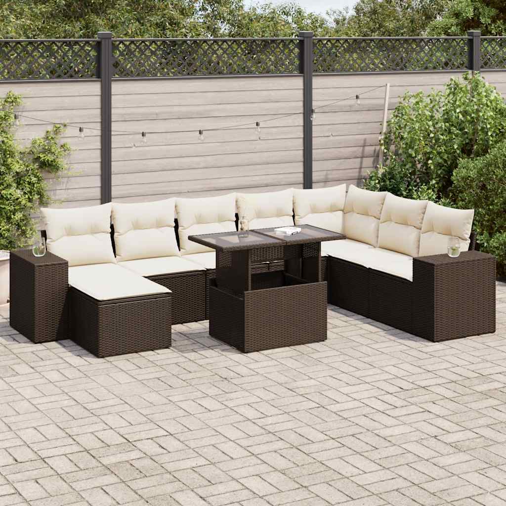 9-tlg. Garten-Sofagarnitur mit Kissen Braun Poly Rattan