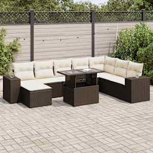 Vrtna sedežna garnitura 9-delna z blazinami rjava poli ratan