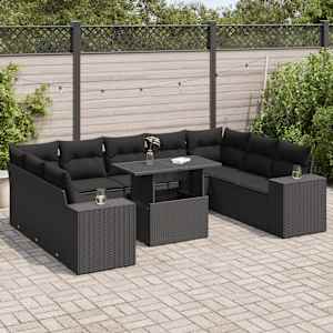 Vrtna sedežna garnitura 10-delna z blazinami črn poli ratan