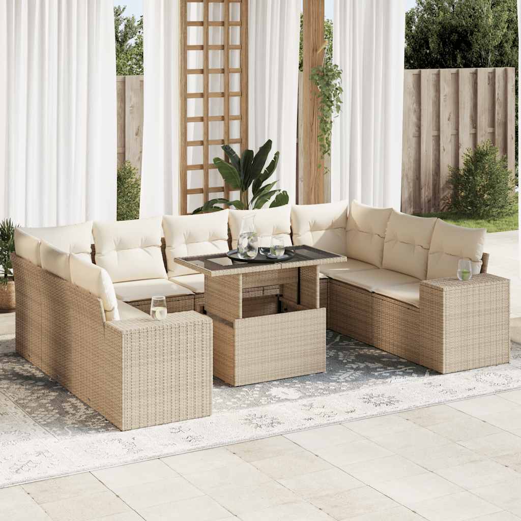 vidaXL 10-tlg. Garten-Sofagarnitur mit Kissen Beige Poly Rattan