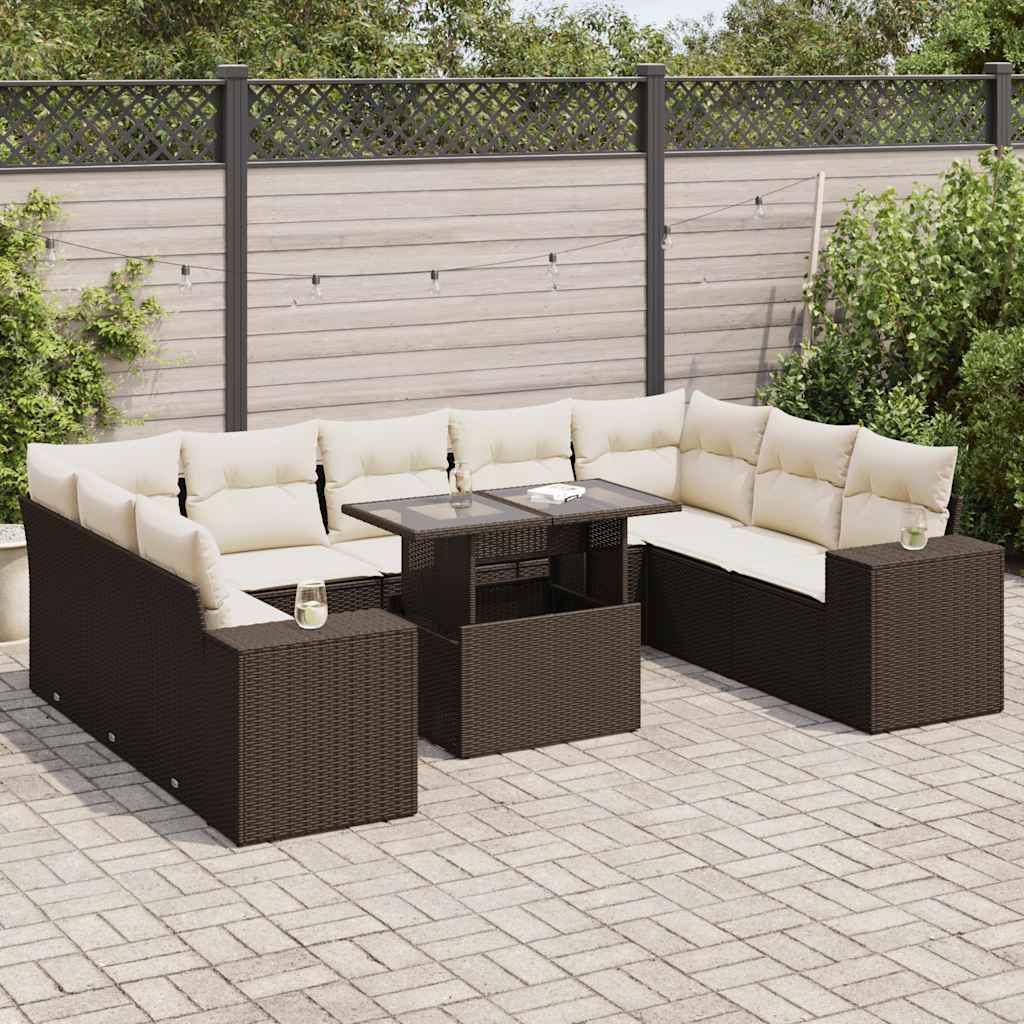 10-tlg. Garten-Sofagarnitur mit Kissen Braun Poly Rattan