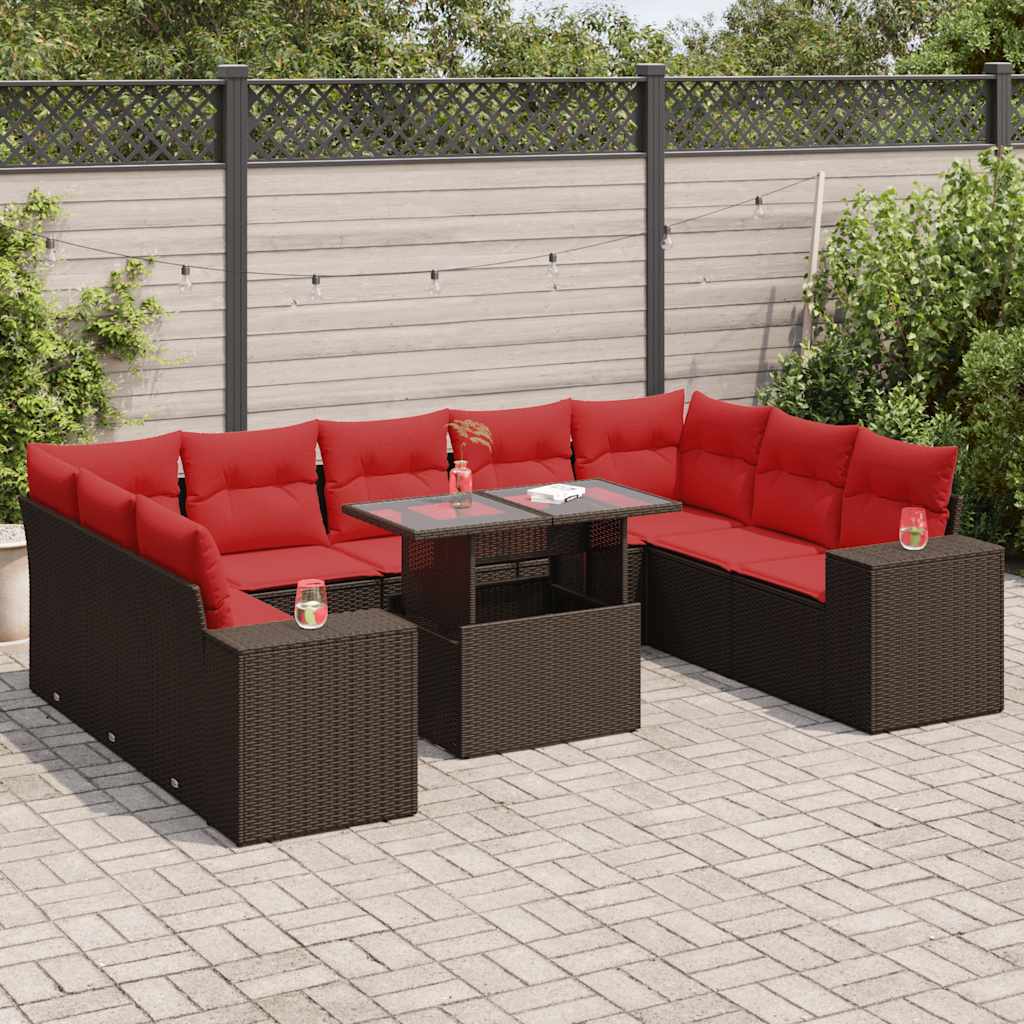 vidaXL 10-tlg. Garten-Sofagarnitur mit Kissen Braun Poly Rattan Akazie