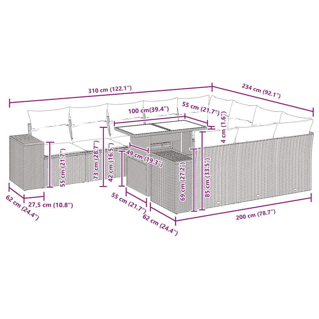 11dílný zahradní sedací souprava s poduškami béžový polyratan - obrázek 14
