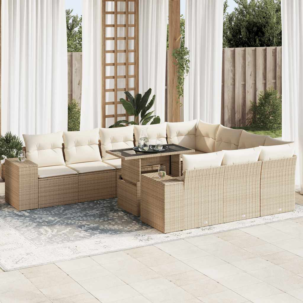 vidaXL 11-tlg. Garten-Sofagarnitur mit Kissen Beige Poly Rattan