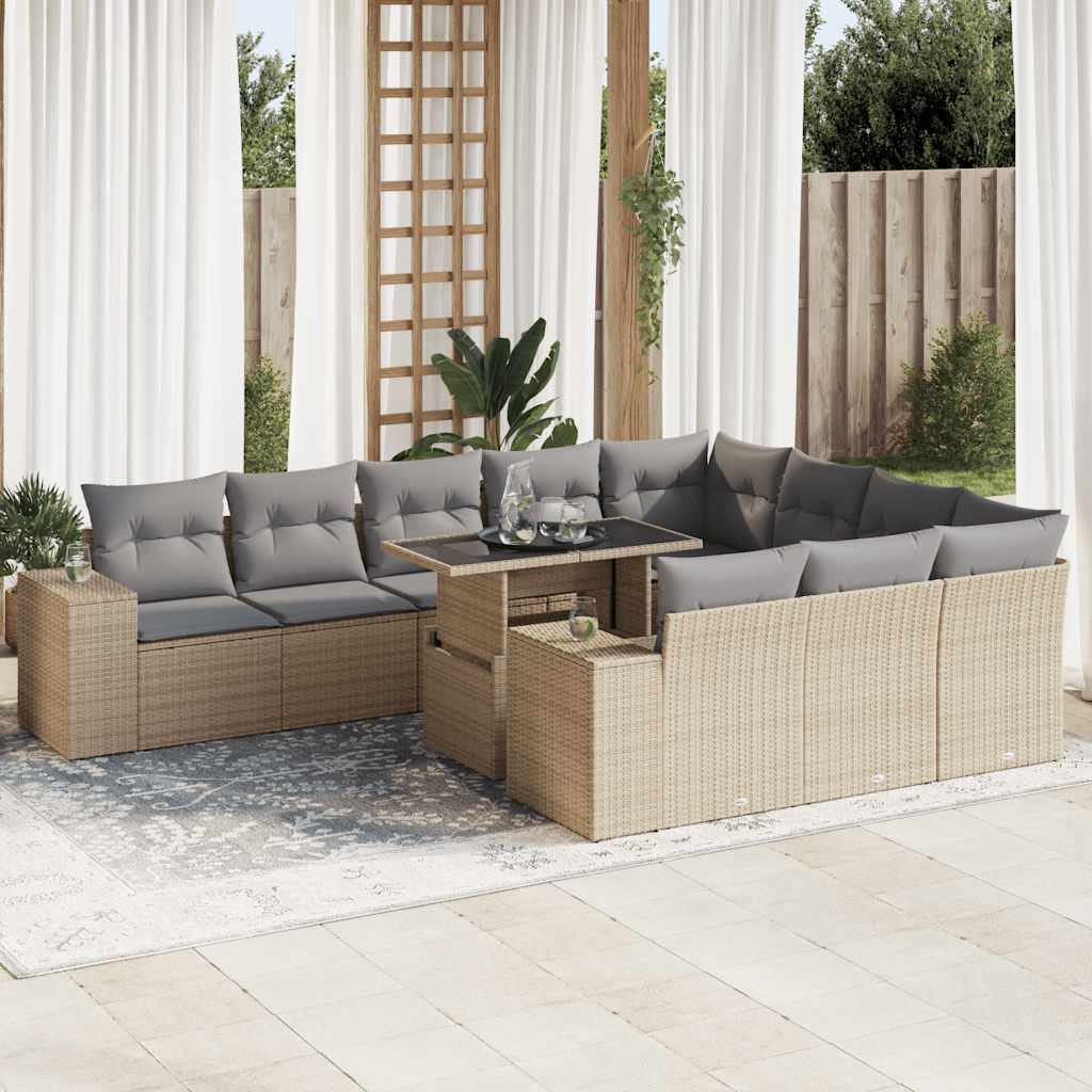 vidaXL 11-tlg. Garten-Sofagarnitur mit Kissen Beige Poly Rattan