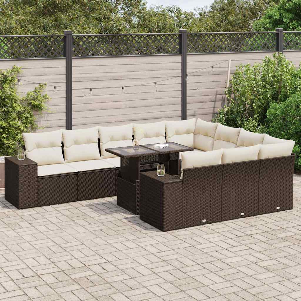 11-tlg. Garten-Sofagarnitur mit Kissen Braun Poly Rattan