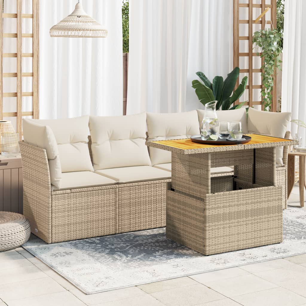 vidaXL 5-tlg. Garten-Sofagarnitur mit Kissen Beige Poly Rattan