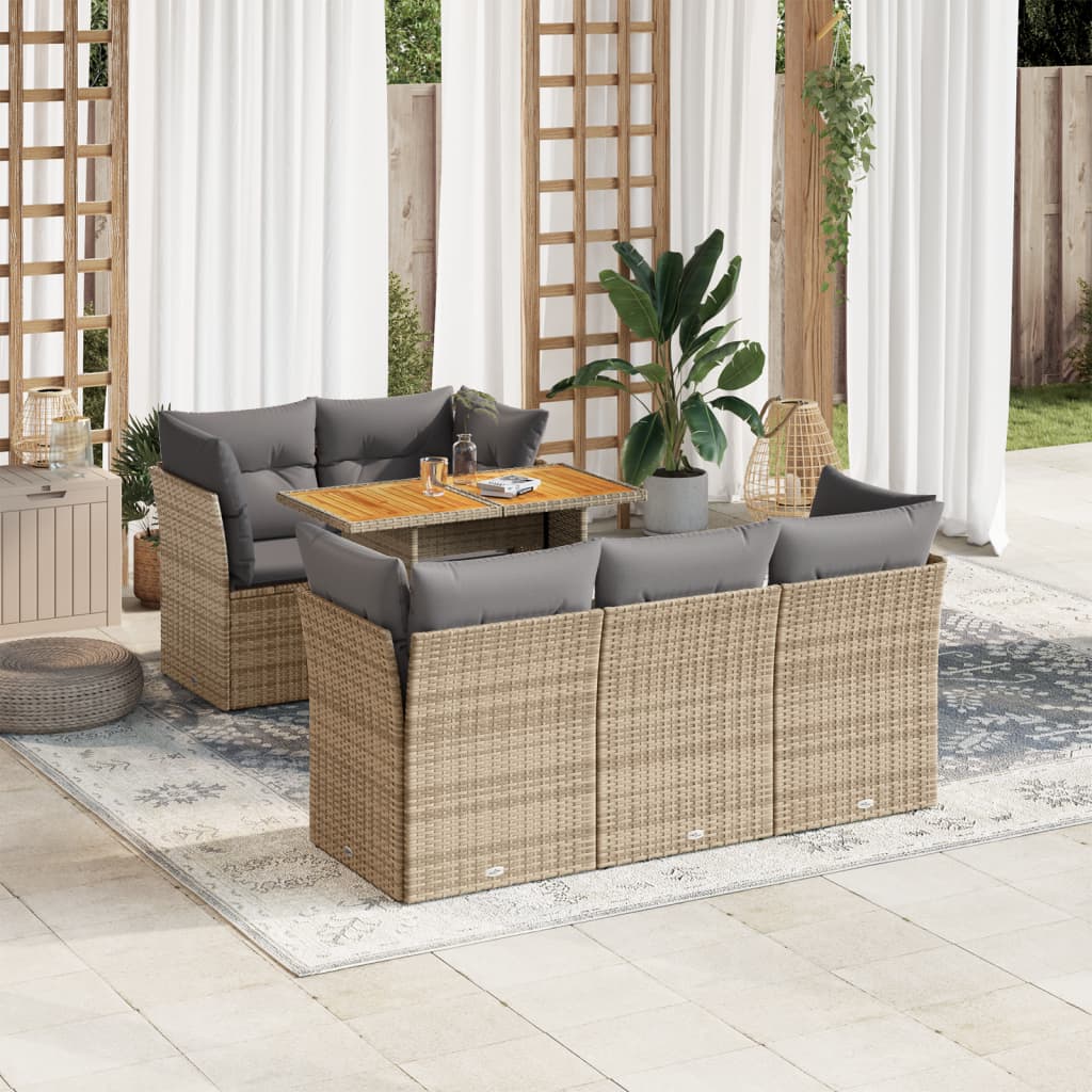 vidaXL 6-tlg. Garten-Sofagarnitur mit Kissen Beige Poly Rattan