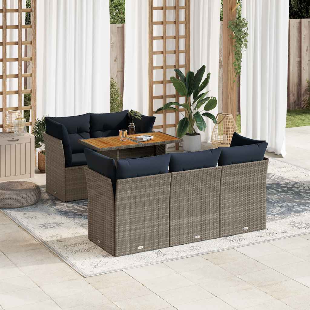 Sofasæt til haven i polyrattan - 6 dele med hynder, grå/marineblå