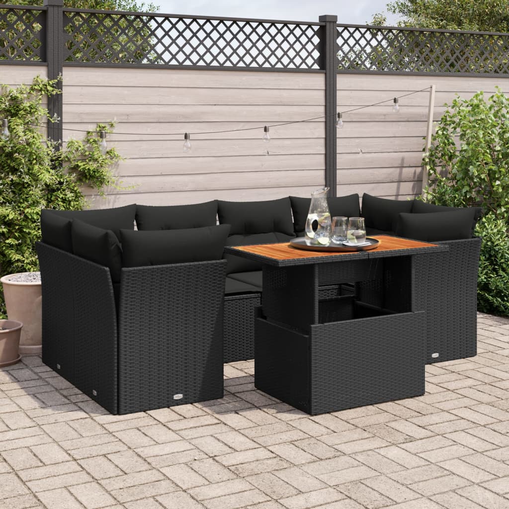 7-tlg. Garten-Sofagarnitur mit Kissen Schwarz Poly Rattan