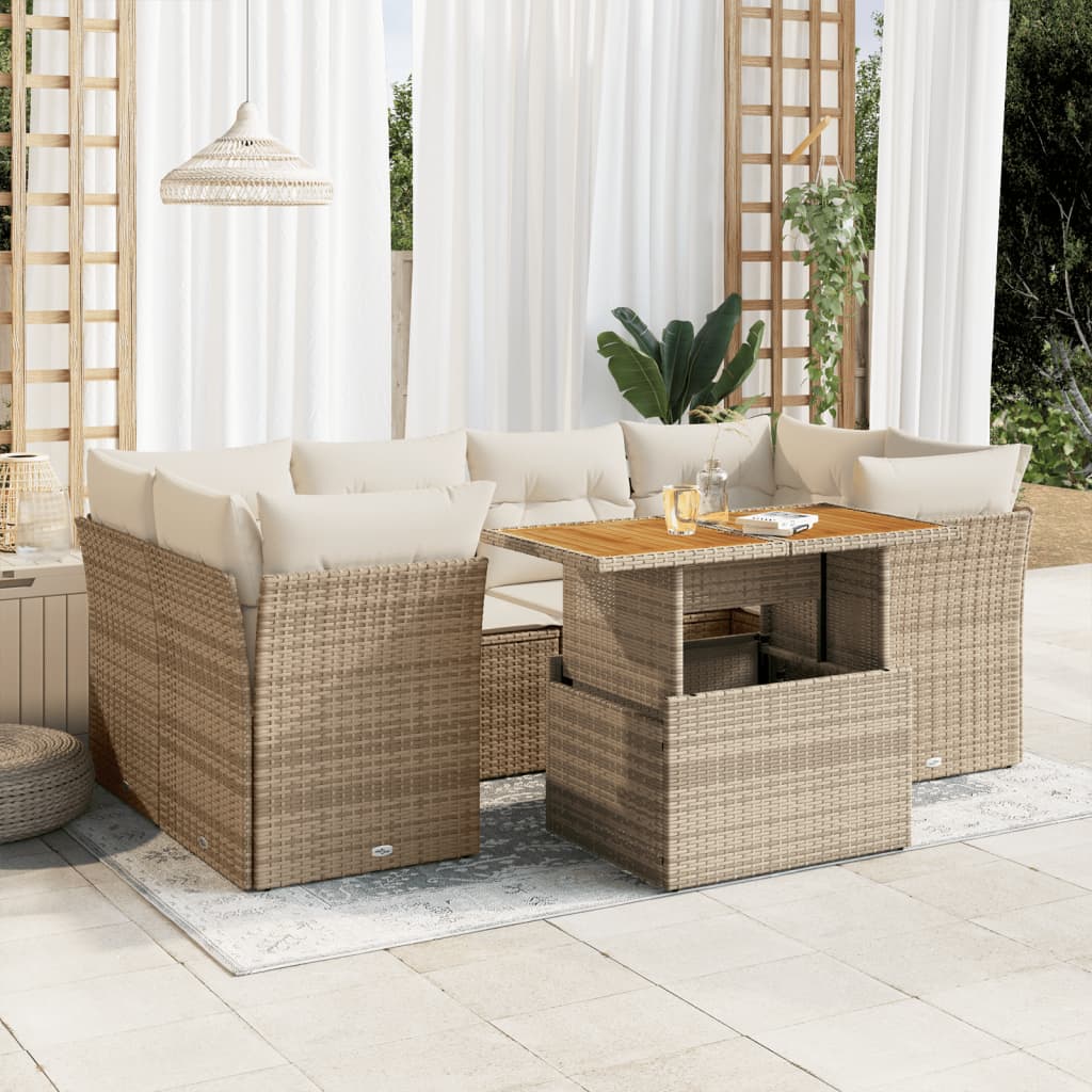 vidaXL 7-tlg. Garten-Sofagarnitur mit Kissen Beige Poly Rattan