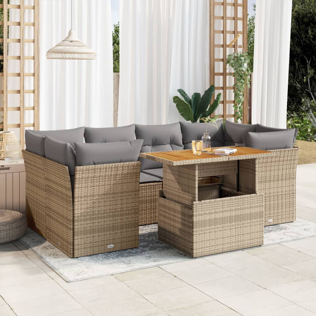 vidaXL 7-tlg. Garten-Sofagarnitur mit Kissen Beige Poly Rattan